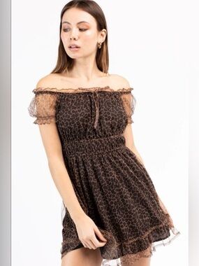 Le Lis Off-Shoulder Brown Leopard Print Mini Dress